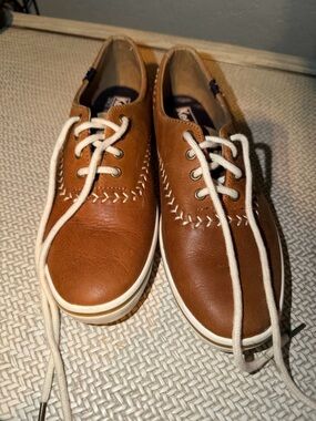 Keds Women's Tan Leather Boat Shoes with White Laces